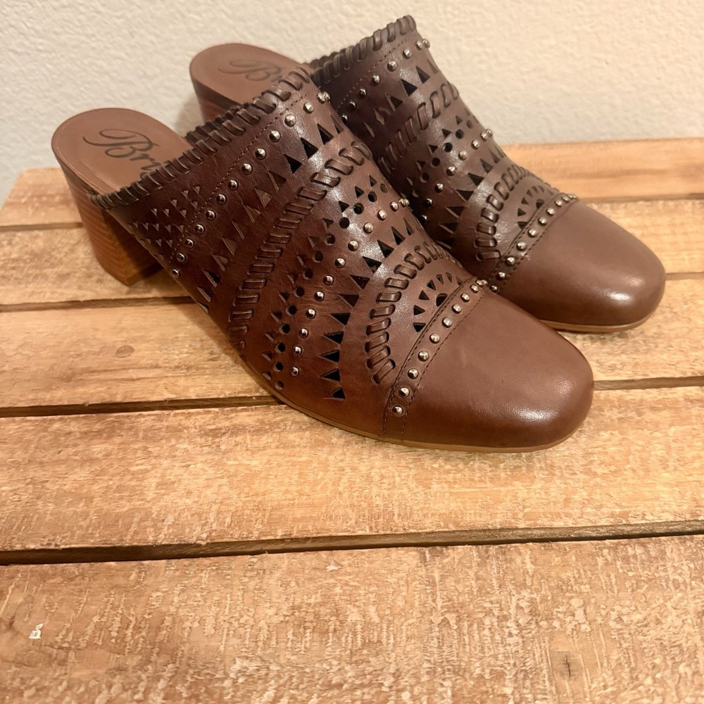 Brighton Manet Leather Shoes Mules Laser Cut Studded Brown Sienna ‎ Size 11 Boho
